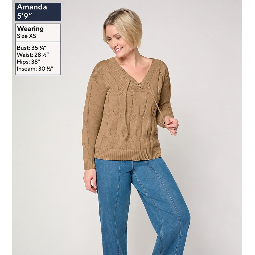 Peace Love World V-Neck Lace Up Cable Sweater Ginger, X-Small
